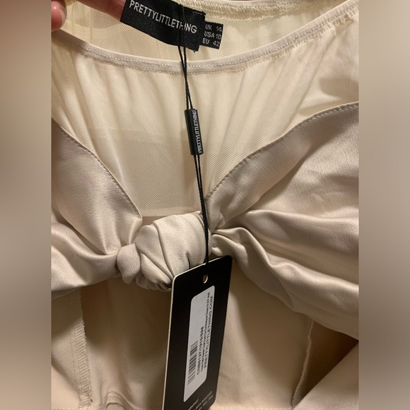 NWT PLT Cream Satin Bardot Twist Front Cut Out Bodycon Dress - Picture 8 of 8